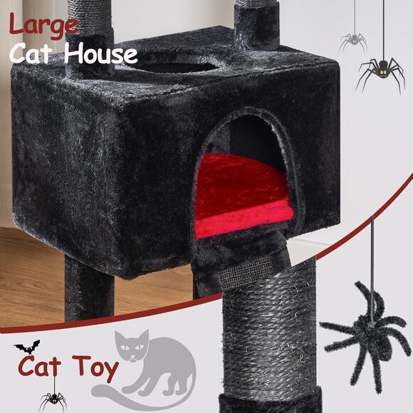 Gothic Cat Tree with Coffin Bed, Condo, Scratching Post & Spider Toy for Cats - Picture 3 of 9